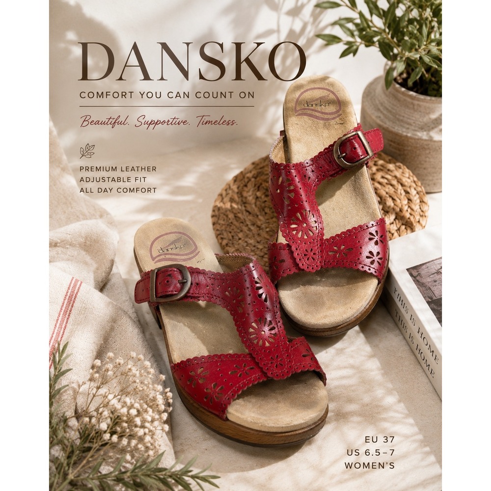 Dansko Red Leather Laser Cut Platform Sandals Clogs EU 37 US 6.5-7 Comfort
